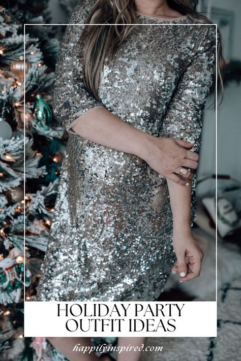 An image of a silver sequinned dress against a christmas tree Silver Sequin Dress Outfit, Dressy Cocktail Dress, Holiday Party Outfit Ideas, Outfit Ideas For Moms, Gold Satin Dress, Sequin Dress Outfit, Chicago Lifestyle, Holiday Party Outfits, Green Wrap Dress