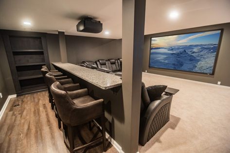 Comfy Home Theater Ideas, Basement Home Theater Paint Colors, Basement With Projection Screen, Basement Ideas Theater, Custom Basement Ideas, Brown Basement Ideas, Beach House Basement Ideas, Home Theater Rooms Small Interior Design, Small Basement Theater