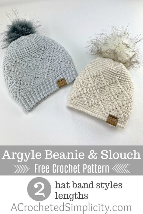 Argyle Beanie & Slouch - Free Crochet Hat Pattern - A Crocheted Simplicity Crochet Pikachu, Corak Krusye, Free Crochet Hat Pattern, Hat Patterns Free, Crochet Hat Free, Mode Crochet, Beanie Crochet, Crochet Beanie Hat, Crochet Beanie Pattern