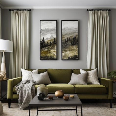 Olive Velvet Sofa Living Room Ideas, Olive And Gray Living Room, Beige Olive Living Room, Olive Green And Tan Living Room, Neutral And Olive Living Room, Olive Green Sofas, Olive And Gold Living Room, Living Room With Olive Green Sofa, Olive Living Room Ideas