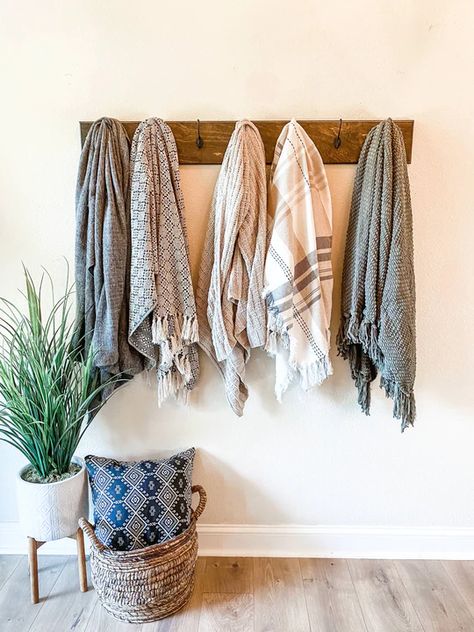 Hanging Blankets On Wall, Blanket Holder, Blanket Wall, Living Room Blanket, Blanket Rack, Blanket On Wall, Dog Leashes, Coat Rack Wall, Blanket Storage