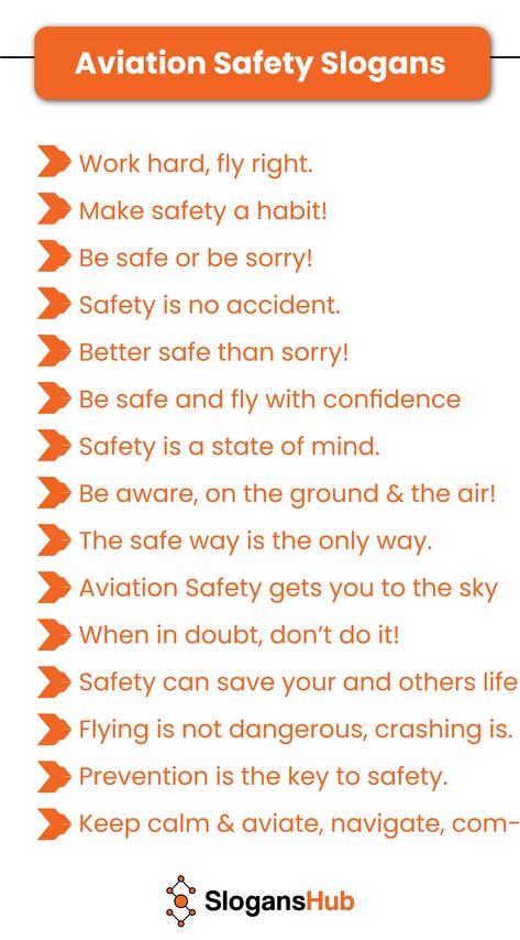 Catchy Aviation Slogans or Flight Safety Slogans are short, cool phrases that promote safety guidelines to users. It shares the procedure to minimize the risk of danger while flying. Inspires the pilot to avoid drinking while flying the aircraft. Usage of aviation slogans is necessary as it reduces injuries and complicated situations for passengers and pilots. These slogans remind people to follow strict safety precautions and prevent the chances of risks. Aviation Safety Posters, Aviation Safety, Safety Slogans, Aviation Humor, Business Slogans, Cool Phrases, Safety Posters, Safety Precautions, The Pilot