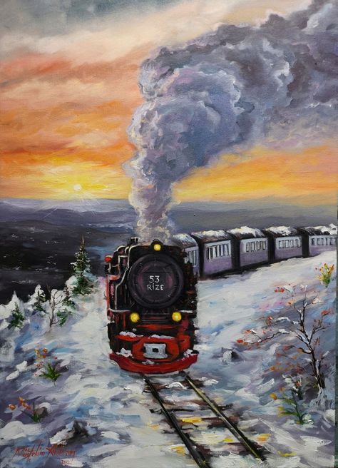 Train Oil Painting, Train Acrylic Painting, Painting Ideas Winter Easy, Christmas Train Drawing, Train Painting Acrylic, Christmas Train Painting, Merry Christmas Drawing Ideas, Painting Ideas Winter, Train Painting