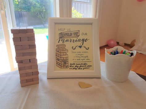 Bridal Shower Jenga Advice, Jenga Bridal Shower Idea, Tie The Knot Jenga Game, Bridal Shower Jenga, Bridal Shower Crafts Activity, Bridal Shower Crafts, Jenga Wedding, Bridal Shower Activity, Stacks Of Books