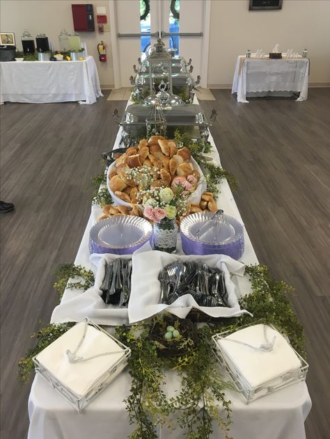 Wedding Buffet Table Decorating Ideas, Event Food Table Set Up, Fall Wedding Buffet Table Decor, Banquet Food Table Set Up, Diy Catering Buffet Table, Wedding Buffet Style Table Settings, Chafing Dish Display Ideas Wedding, Napkin Display For Buffet, How To Set Up A Bbq Buffet Table