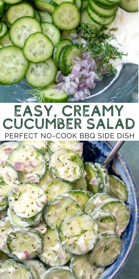 This Creamy Cucumber Salad is the perfect refreshing summertime side dish for BBQs, picnics, or cookouts. This healthy recipe is made with 8 simple ingredients and takes little to no prep! It's low-carb, keto, dairy-free, gluten-free, and nut-free for a delicious side dish everyone will love. Salad For Memorial Day, Low Carb Sides For Cookout, Fresh Bbq Sides, Grilling Sides Dishes Summer, Dump Salad Recipes, Memorial Day Grilling Ideas, Pool Day Recipes, Easy Grilling Recipes Sides, What To Bring To A Cookout