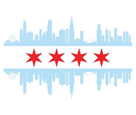 Chicago Skyline Flag Chicago Skyline Tattoo Design, Chicago 4th Of July, Chicago Flag Tattoo, Chicago Skyline Tattoo, Chicago Skyline Drawing, Chicago Flag Art, Chicago Skyline Aesthetic, Chicago Souvenirs, Chicago Painting