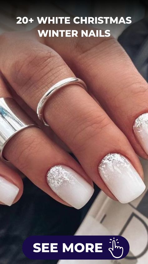 Elevate your festive look this holiday season with our stunning white nail designs! Stand out at every Christmas gathering with our range of elegant styles, from timeless French manicures to glamorous glitter finishes. Our skilled nail technicians are ready to turn your vision into reality. Schedule your appointment now and get ready to sparkle all season long! Winter White Sparkle Nails, White Nails With Sparkle Tips, Nail Ideas White Glitter, Winter White Nail Designs, White Nye Nails, White With Silver Glitter Nails, White Sparkle Nails Glitter, Winter Nails White Glitter, White Nails With Silver Glitter