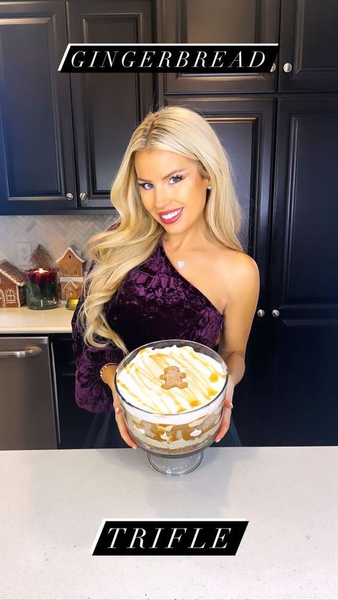 240K views · 10K reactions | Gingerbread Trifle!🤎✨ This was my FAVORITE holiday dessert I tried last year!! So unique and will be a hit at your parties! Can be made ahead, it was so delicious even 3 days later when I brought it to my parents house to enjoy! Recipe was inspired by (liveloveandsugar) on Pinterest! Ingredients: - 16 oz cream cheese (room temp) - 3/4 cup sugar - 2 tsp cinnamon - 2 tbsp molasses - 3 tbsp milk - 20 oz cool whip (divided) - 14 oz gingerbread cookies - 1 cup caramel syrup (divided) Directions: 1. In a large bowl beat cream cheese and sugar until smooth. 2. Add cinnamon, molasses, and milk. Mix until smooth. 3. Stir in 8 oz of cool whip. 4. In a large trifle dish, break up half the cookies for the bottom layer. 5. Top the cookies with half of the cream Gingerbread Trifle, Christmas Food Crafts, Macy Blackwell, Christmas Trifle, Favorite Holiday Desserts, Yummy Christmas Treats, Trifle Dish, Trifle Desserts, Trifle Recipe