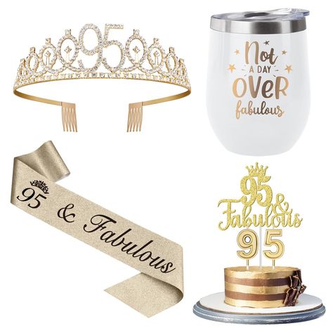 PRICES MAY VARY. 95th Birthday Decorations for Women: Package coming with Gold 95th Birthday TIARA *1pc, 95th Birthday Sash *1pc, 95th Birthday Cake Topper *1pc, 95th Birthday Candles Gold * 1set and 12oz Wine Tumbler Mug * 1pc . All 95 Birthday Gifts are packed in a Beautiful Gift Box. This Gold and White Birthday Gifts Set remind the 95 year old birthday queen How Fabulous She Is. 95th Birthday Crown and Sash: 95 Birthday Tiara made from high quality alloy and gorgeous rhinestone. Gold Crown 9 60 Birthday Decorations Women, 60 Year Old Birthday Ideas For Women, 60th Birthday Ideas For Women Theme, 60th Birthday Themes For Women, Birthday Decorations Women, 50th Birthday Candles, 90th Birthday Decorations, 80th Birthday Decorations, 90th Birthday Cakes