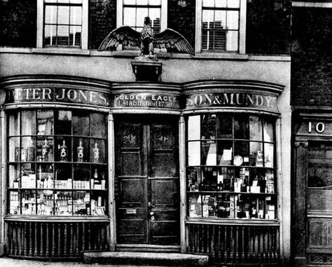 Peter Jones, Son  Mundy, chemist's shop at 9 Folegate, Aldgate, London in the late Victorian era. Victorian Tailor Shop, Aldgate London, London 1800, Vintage Pharmacy, Chinese Lady, 19th Century London, Peter Jones, Mall Facade, Snow Falls