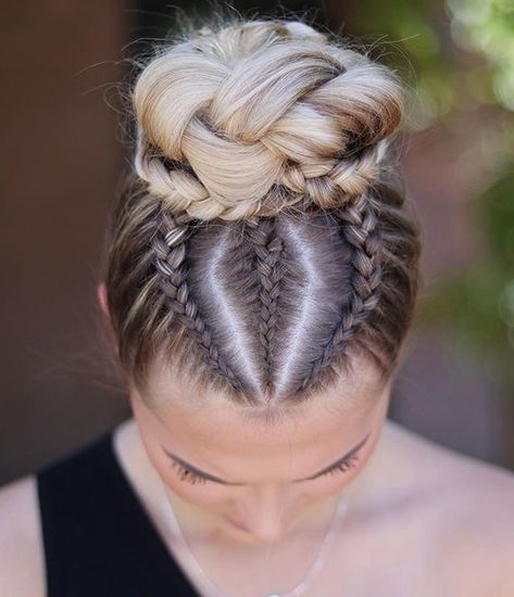 Bun Style, Competition Hair, Gymnastics Hair, Braided Prom Hair, Top Knot Hairstyles, Cool Braid Hairstyles, Faux Hawk, Cool Braids, Braided Updo