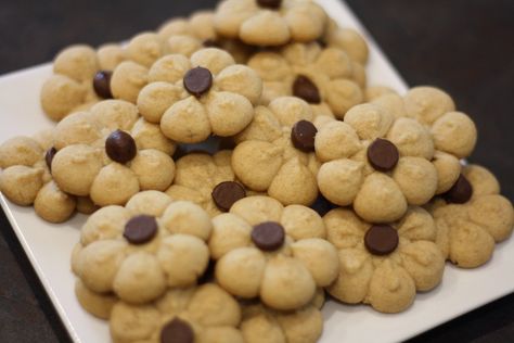 Peanut Butter Spritz Cookie Recipe | Ellie And Addie Peanut Butter Spritz Cookie Recipe, Recipe Peanut Butter Cookies, Press Cookies, Butter Spritz Cookies, Cookie Press Recipes, Spritz Cookie, Spritz Cookie Recipe, Dough Press, Raw Cookie Dough