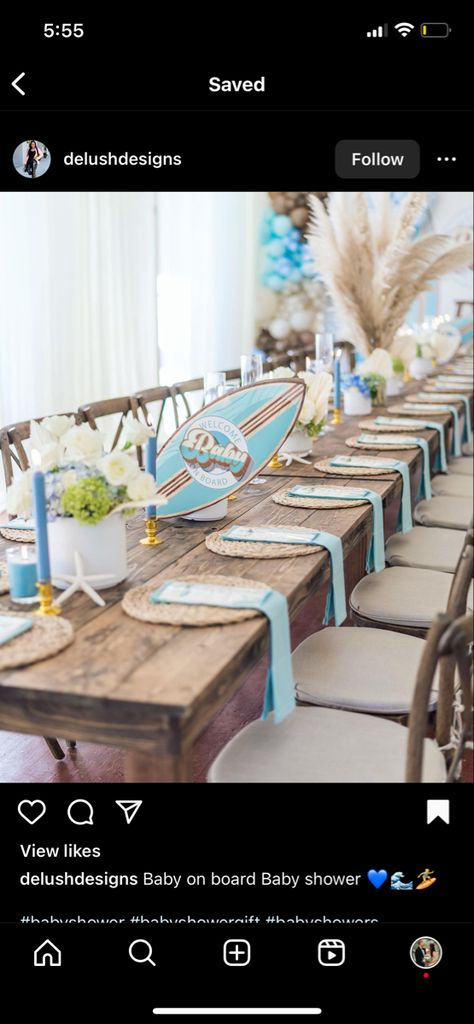 Surfing Centerpieces, The Big One Surf Birthday Table Decor, Surf Centerpiece Ideas, Surfer Theme Baby Shower Ideas, Baby On Board Centerpieces, Surfing Baby Shower Ideas, Surf Theme Baby Shower Boy, Beachy Baby Shower Ideas, Surf Baby Shower Theme