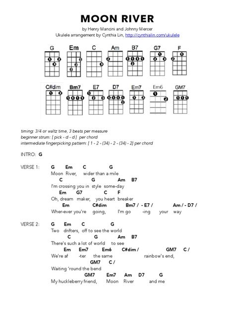 Moon river ukulele cords Ukelele Chords Ukulele Songs, Ukulele Songs Beginner, Easy Ukulele Songs, Ukulele Chords Chart, Cool Ukulele, Ukulele Chords Songs, Uke Songs, Ukulele Tutorial, Ukulele Music