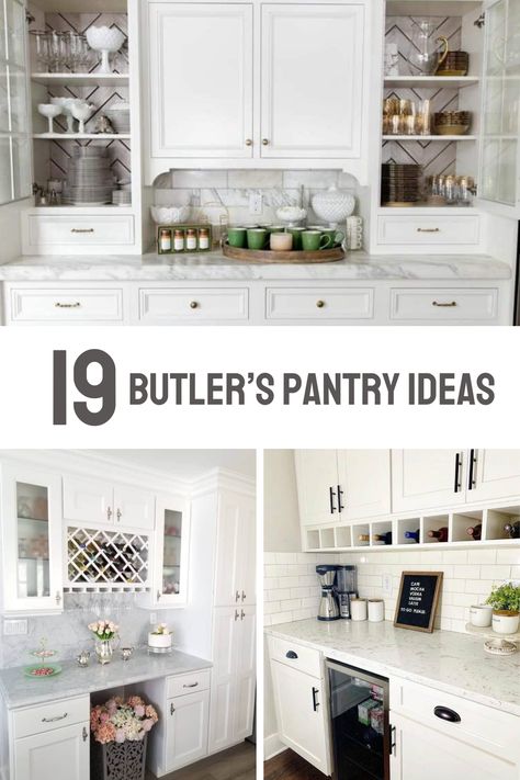 A well-designed butler's pantry not only serves as a transitional space for storage and meal prep but also as an area to display fine china and glassware. Explore options for built-in cabinets and open shelving that keep your essentials organized and accessible, while also adding a touch of elegance to your home. Consider the benefits of incorporating a wine cooler or coffee station for added convenience when entertaining. With a focus on maximizing space and minimizing clutter, these butler's p Butler Pantry Open Shelving, Butlers Cabinet Ideas, Coffee Butlers Pantry, Wall Pantry With Coffee Station, Coffee Station Pantry, Upper Cabinets And Open Shelving, Built In China Cabinet Ideas, Built In Kitchen Hutch, Pantry Coffee Bar