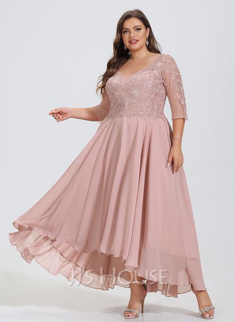 A-line V-Neck Asymmetrical Chiffon Lace Evening Dress With Rhinestone (017235866) - JJ's House Wedding Frocks, Mother Of The Bride Dresses Long, Dress With Sequins, Chiffon Evening Dresses, Engagement Dresses, Lace Evening Dresses, Chiffon Lace, Custom Dresses, Wedding Party Dresses