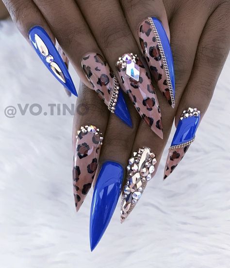 Blue Leopard Nails, Queen Nails, Sassy Nails, Leopard Print Nails, Stiletto Nails Designs, Print Nails, Dope Nail Designs, Leopard Nails, Best Nail Art Designs