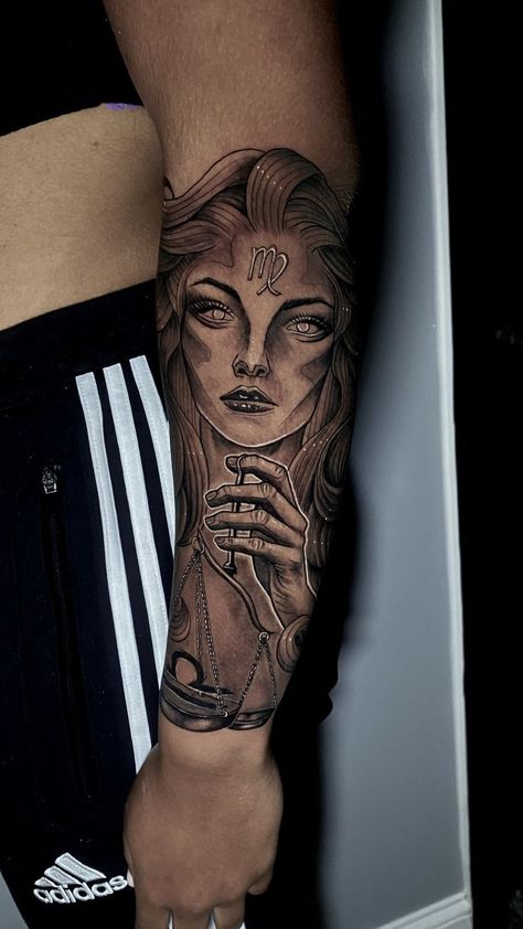 A captivating tattoo of a female figure in a split-face design, showcasing Virgo zodiac traits on the arm - a bold and mysterious choice for Virgo women. Virgo Maiden Tattoo, Virgo Tattoo Ideas For Women, Virgo Tattoo Ideas, Tattoo Stencils For Men, Walk Ins Welcome, Black And Gray Ink Tattoo, Photo Realism Tattoo, Tattoo Studio Design, Night Tattoo