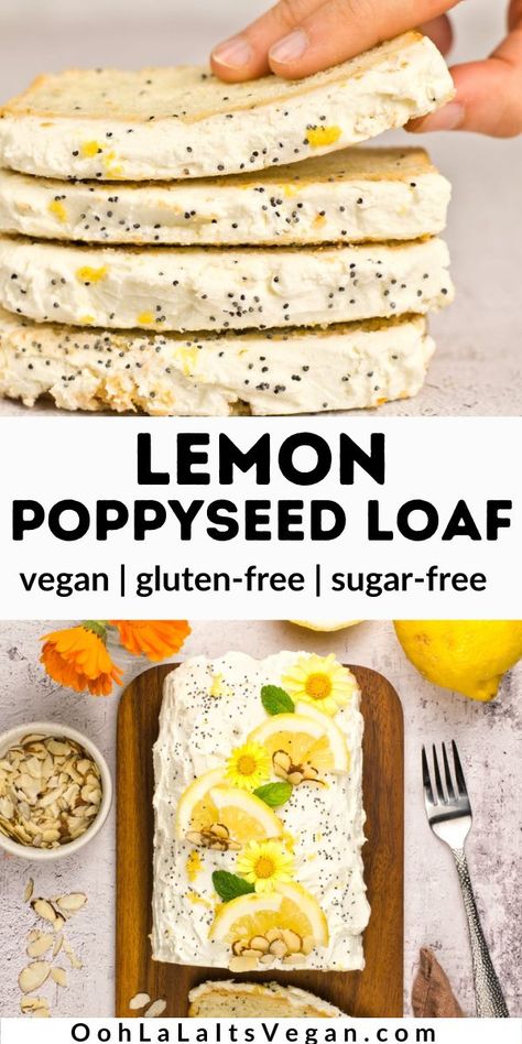 This lemon poppyseed loaf is like a lemon cake in a loaf pan. Moist, delicious and made with healthy, plant-based ingredients. Top it with glaze, or vegan cream cheese frosting and you have a vegan dessert that rocks. It's vegan, gluten-free, sugar-free and easy to make with step-by-step instructions. Serve with a hot cup of coffee as a snack or an after-dinner dessert. Or, have cake for breakfast. What the heck, you only live once. Cake In A Loaf Pan, Lemon Poppyseed Loaf, Lemon Poppyseed Cake Recipe, Poppyseed Loaf, Vegan Christmas Desserts, Vegan Thanksgiving Dessert, Vegan Lemon Cake, Vegan Cream Cheese Frosting, Healthy Vegan Dinner Recipes