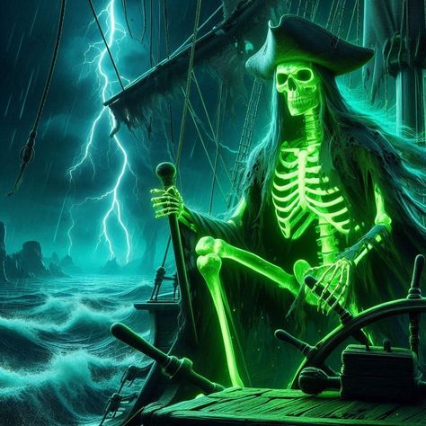 A glowing neon green-boned skeleton dressed in tattered pirate attire stands at the helm of a ghost ship. The ship sails through dark, stormy seas with jagged waves crashing against its worn hull. The captain's bones radiate an eerie neon green light, casting an otherworldly glow on the ship's deck and tattered sails. Lightning flashes illuminate the shadowy sky, while the neon green glow reflects off the turbulent water. Pirate Attire, Neon Green Light, Ship Sails, Skeleton Dress, Lightning Flash, Stormy Seas, Ghost Ship, Waves Crashing, Stormy Sea