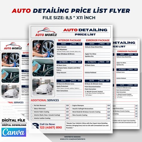 Auto Detailing Flyer, Car Detailing Price List Flyer Template Detailing Price List, Car Detailing Price List, Car Detailing Poster Design, Auto Detailing Price List, Mobile Car Detailing Business, Car Detailing Flyer Design, Auto Detailing Business, Flyer Car, Detailing Business