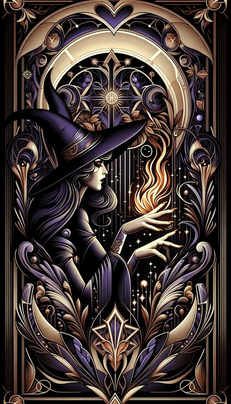 Art deco art nouveau witch magic Art Nouveau Witch, Art Deco Witch, 70s Witch, Dark Art Nouveau, Witchy Drawings, Fairy Shoot, Arcane Art, Halloween Tumblers, Art Nouveau Wallpaper