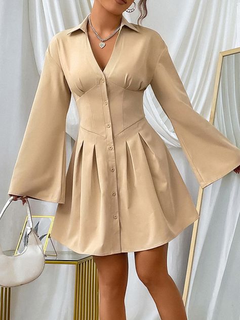 Khaki Casual Collar Long Sleeve Fabric Plain Shirt Embellished Non-Stretch  Women Dresses Convocation Dress, Dresses For Women Classy, Casual Gowns, Short Shirt Dress, Modest Dresses Fashion, Chic Dress Classy, Shirt Dress Outfit, Blouse Casual Fashion, Simple Gowns