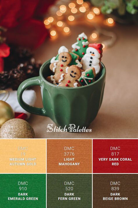 2023 Christmas Color Palette, Dmc Christmas Palette, December Color Palette Hex Codes, Color Palette Christmas Inspiration, Gingerbread Color Palette, Christmas Color Palette Colour Schemes, Xmas Color Palette, Christmas Color Combinations, Christmas Green Color