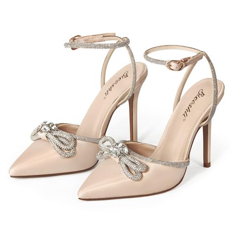 PRICES MAY VARY. Classic Design: This lace-up high-heeled sandal has a classic design, satin upper, rhinestone strip decoration with rhinestone bow, almond-shaped pointed toe, stiletto heel, rubber sole and metal adjustable buckle 4.13" Heel Height: These high heels with ankle straps are based on elegance and elegance. The height of the heel can enhance the temperament of your whole person, and make your matching clothes, skirts, and pants more temperament Matching Skills: Satin lace-up high hee Bridal Shoes 3 Inch Heel, Gatsby Heels, Champagne Colored Heels, Clothes Skirts, Elegant Wedding Shoes, Wedding Shoes Bride, Lace Up High Heels, Matching Clothes, Wedding Shoes Heels