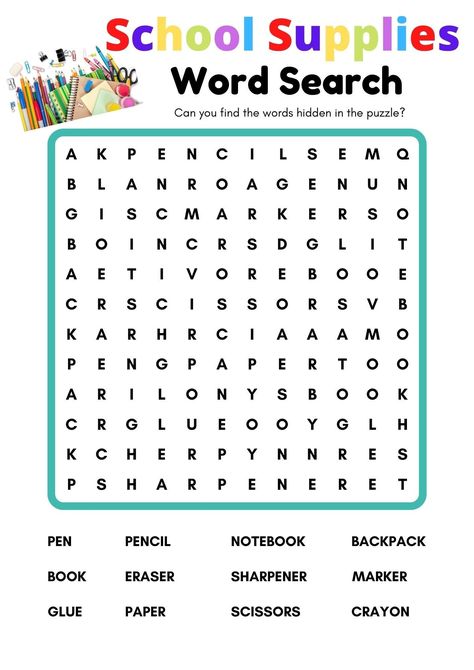 "School Supplies Word Search with Answer Key. You will receive 1 PDF Files. ( 2 pages )  Word Search and Word Search Answer Key  The perfect, simple, game for Family Night or fun for the kids. **IMPORTANT NOTICE Please download your digital files to a COMPUTER. This is an instant download, print it yourself - NO PHYSICAL PRODUCT WILL BE SHIPPED. You will receive (1) high-resolution 8.5\" x 11\" PDF file of this artwork. INSTANT DOWNLOAD Your files will be available to download once payment is confirmed." Free Word Search Printables, Simple Word Search, Family Game Night Games, Back To School Word Search, Game Night Games, School Word Search, Paper Games For Kids, Word Search For Kids, Kids Word Search