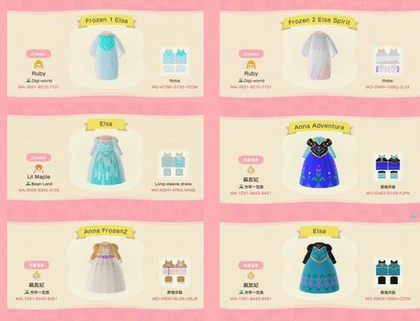 ACNH robe and long-sleeve dress QR codes Animal Crossing Design Codes, Disney Codes, Animal Crossing Design, Frozen Outfits, Motif Acnl, Animal Crossing 3ds, Animals Crossing, Animal Crossing Funny, Ac New Leaf