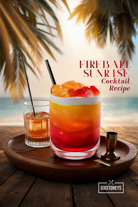 Fireball Sunrise Cocktail Recipe Run Cocktail Recipes, Spicy Cocktail Recipes, Cocktails With Fireball, Fireball Cocktails, Sunrise Cocktail, Spicy Cocktail, Cinnamon Flavor, Maraschino Cherry, Cocktail Recipe