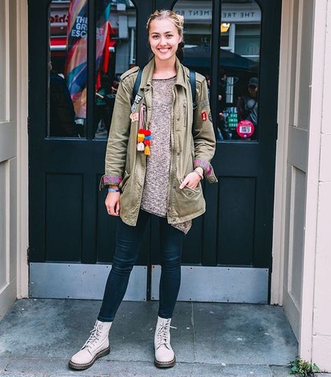 Street Style: the Pascal boot in Ivory Virginia leather.  Shop now through the link in our bio.  Photographed by Gobinder Jhitta #drmartenstyle Cream Dr Martens Outfit, Beige Doc Martens Outfit, Taupe Boots Outfit, Dr Martins Outfits, Beige Boots Outfit, Doc Martens Outfits, Martens Outfit, Cream Outfit, Dr Martens Outfit