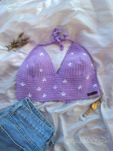 Purple Crochet Projects, Flower Top Crochet, Purple Crochet Top, Diy Clothes Hacks, شال كروشيه, Purple Crochet, Quick Crochet Patterns, Crochet Ladies Tops