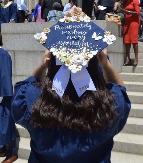 Hamilton High school graduation cap Graduation Cap Designs Navy Blue, Grad Cap Hamilton, Blue Grad Cap Decoration, Graduation Hat Ideas High School, Navy Blue Grad Cap Ideas, 8th Grade Grad Cap Ideas, Pretty Grad Caps, Unique Grad Caps, Graduation Cap With Crown