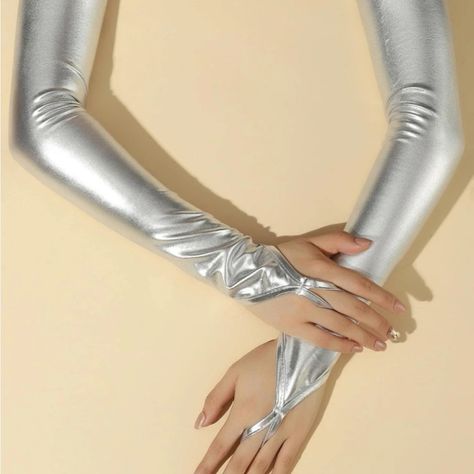 Fingerless Gloves Outfit, Silver Gloves, Fancy Gloves, Metallic Socks, Metal Glove, Gloves Outfit, Leather Work Gloves, Silver Outfits, Elbow Length Gloves