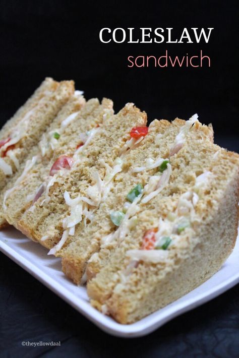 Coleslaw Sandwich, Quick Veg Sandwich - THEYELLOWDAAL Lunch Food Ideas, Coleslaw Sandwich, Vegetarian Sandwich Recipes, Veg Sandwich, Burfi Recipe, Veg Snacks, Sandwich Ideas, Chicken Sandwich Recipes, Sandwich Ingredients