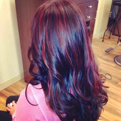 Burgundy Hair Highlights, Hair Blue Highlights, Burgundy Hair With Highlights, Red Violet Hair Color, Dark Chocolate Hair Color, Black Hair With Red Highlights, Light Red Hair, Easy Hair Color, Black And Grey Hair