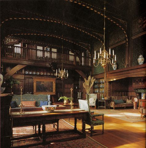 Photograph of an Arts & Crafts Room Taken from Historic Arts and Crafts Homes of Great Britain by Brian D. Coleman Old Mansion Living Room, Old English Manor Interior, Old Manor Aesthetic, Medieval Room Aesthetic, Modern Manor House, Manor Living Room, English Manor Interior, Wightwick Manor, Manor Aesthetic