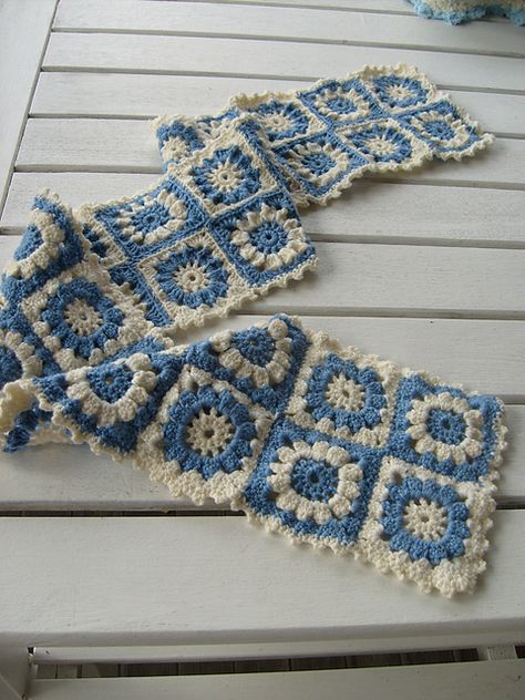 French Blue & WHite Granny Scarf * So Pretty :) Blue White Granny Square, Blue And White Granny Square, Granny Square Crochet Scarf, Granny Scarf, Blue White Crochet, Pretty Blanket, Blue And White Crochet, Granny Square Scarf, Crochet Blocks