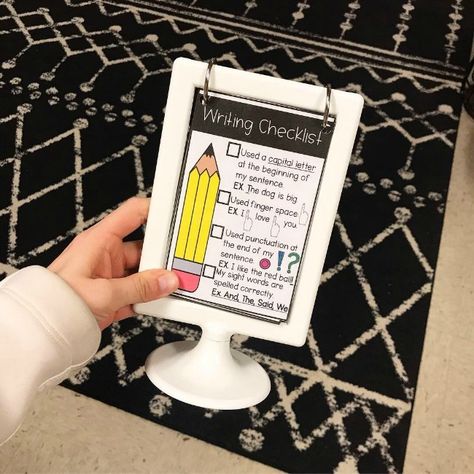 Guest Post: Mini Anchor Charts for IKEA Frames by Move Mountains in Kindergarten | Sweet for Kindergarten Ikea Tolsby Frame Ideas Classroom, Mini Anchor Chart Stand, Ikea Frames Ideas, Mini Anchor Charts, Ikea For The Classroom, Desk Anchor Chart, Anchor Charts Kindergarten, Anchor Chart Display, Ikea Photo Frames