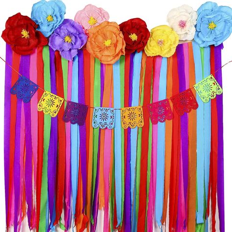 A Nice Combination: you will get 9 pieces of Mexican paper flowers in 7 colors and 3 sizes with 1 sheet of glue and 1 roll of white ribbon, 6 pieces of party streamers in 6 colors, each color has 1 piece, and 1 piece of fiesta party banner, the nice combination can meet your various use and decoration needs for your Fiesta party Mexico Party Decorations, Sunflower Theme Party, Background For Pictures, Mexican Background, Mexican Paper Flowers, Picado Banner, Streamer Party Decorations, Mexico Party, Mexican Sunflower