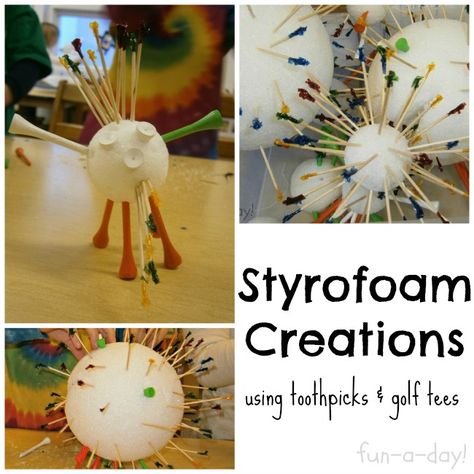 Styrofoam Creations Using Toothpicks and Golf Tees -- creative, tactile, and fine motor fun for the kiddos Space Art Projects, Open Ended Art, 3d Art Projects, Preschool Fine Motor, Creative Curriculum, Fine Motor Activities, Golf Tees, Art Appreciation, Process Art