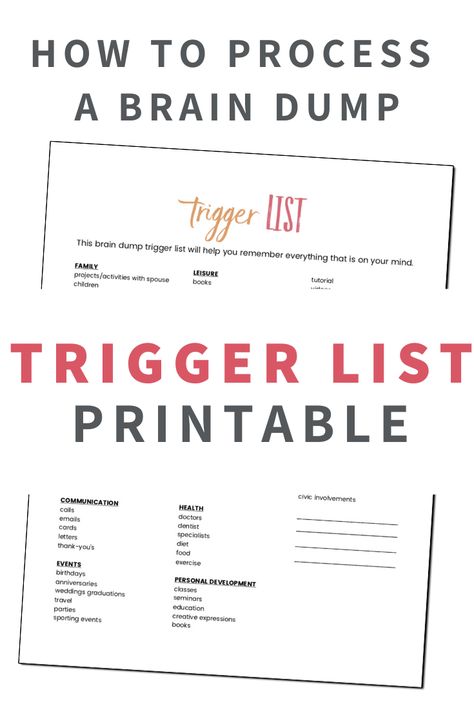 Download this free printable to help you complete a  Brain Dump.  Using a trigger list makes the process of doing a brain dump easier, and you’re able to clear all of those tasks, to-dos, and thoughts out of your mind. Brain Dump Questions, Brain Dump Planner, Free Brain Dump Printable, Brain Dump Prompts, Brain Dump Template Free Printables, Brain Dump Trigger List, Brain Dump Ideas, Trigger List, Brain Dump Template