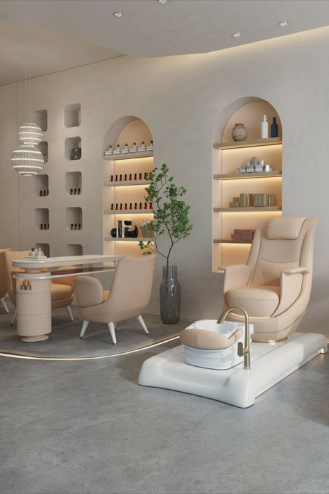 How to design in a small space?  Nail Beauty Spa, including Manicure and Pedicure. 😍  Do you think there should be two separate areas?🤔 Luxury Medspa, Pedicure Chair Ideas, Beauty Parlor Interior, Parlour Ideas, Nail Studio Decor, Home Salon Ideas, Luxury Nail Salon, Skincare Clinic, Manicure Station