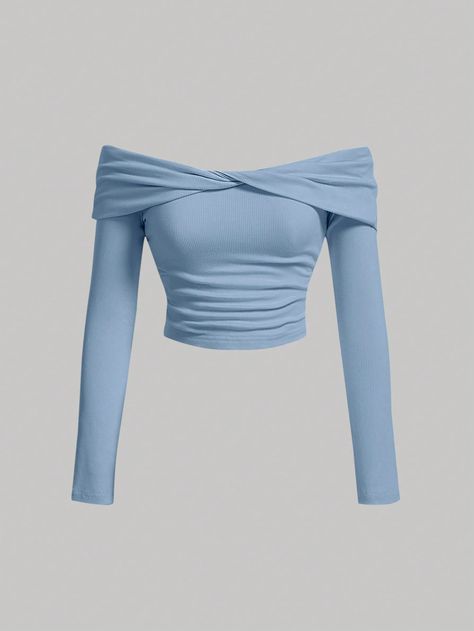 Blue Casual Collar Long Sleeve Knitted Fabric Plain  Embellished Medium Stretch  Women Clothing Long Tops Aesthetic, Shein Tops Outfit, Blue Top Aesthetic, Blue Shirt Women Outfit, Cute Blue Shirt, Outfit Bleu, Long Sleeve Mini Dress Casual, Blue Top Outfit, Blue Off Shoulder Top