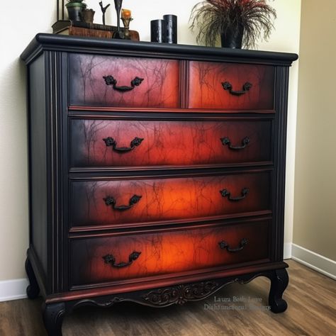 Goth Painted Furniture, Gothic Dresser Makeover, Large Dresser Makeover, Black Painted Bedroom Furniture, Black And White Bedroom Furniture, Black And Red Room, Upcycling Furniture Ideas, Purple Cupboards, Gothic Furniture Diy