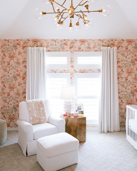 Acrylic Crib, Wallpaper Installation, Baby Cribs Convertible, Pink Floral Wallpaper, Thibaut Wallpaper, Family Picture Frames, Pink Room Decor, Future Room, How To Install Wallpaper