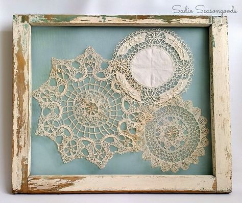 10 Ideas for Repurposing Family Heirlooms - Family Heirloom Display Ideas Framed Doilies, Family Heirloom Display, Window Frame Decor, Doily Crafts, Old Window Ideas, Recycled Window, Doily Art, Shabby Chic Decorating, Old Window Frame